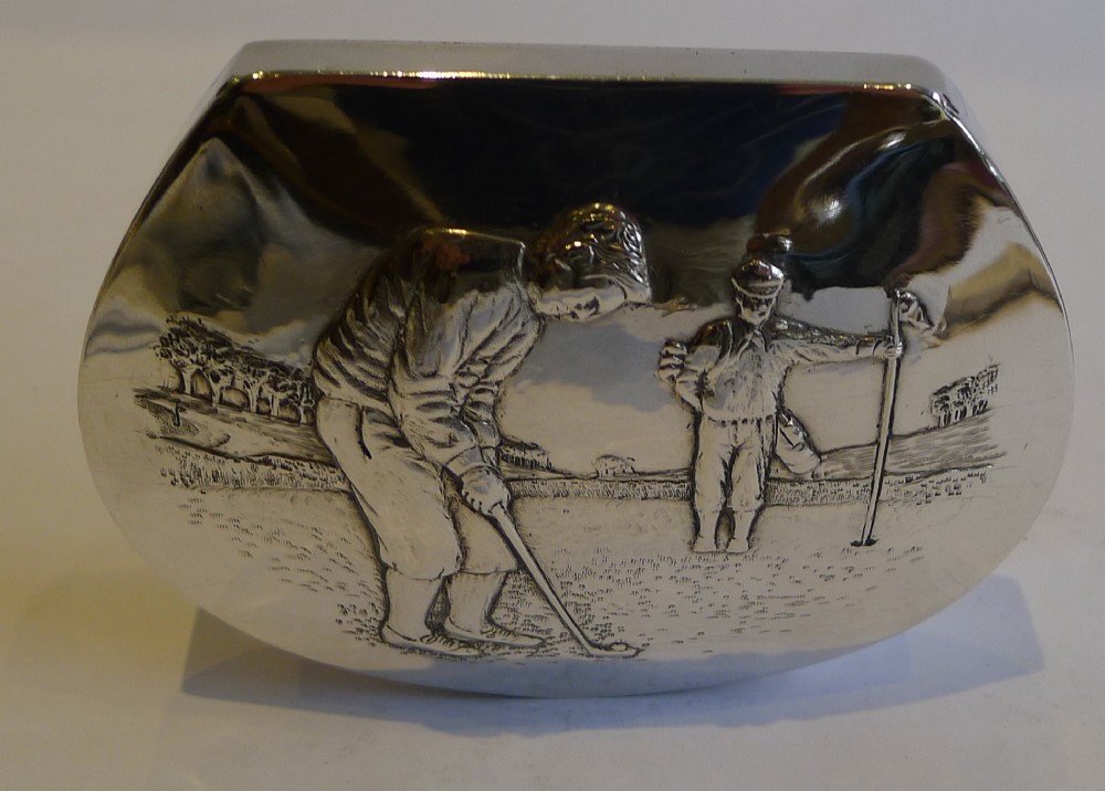 rare large english sterling silver table snuff box golf by pj finch