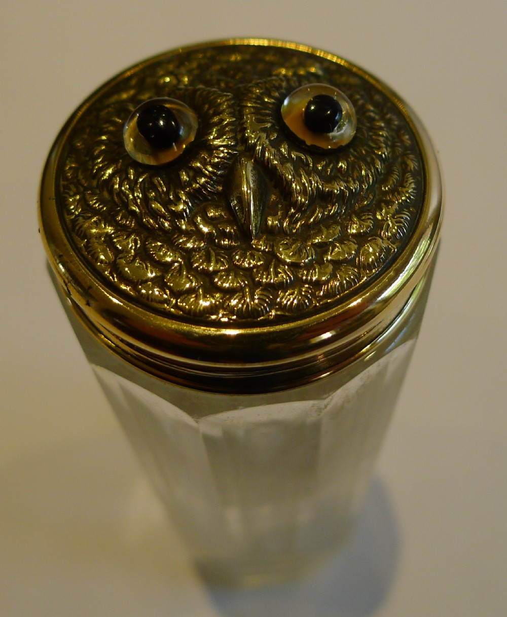 antique english vanity jar brass owl with glass eyes c1900