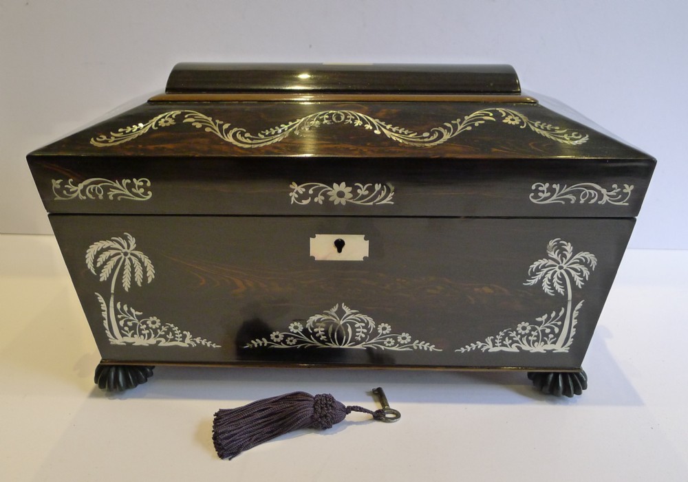 antique english mother of pearl macassar ebony inlaid tea caddy c1830