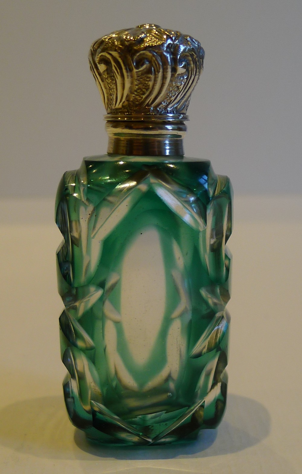 antique english green overlay glass perfume bottle sterling silver c1890