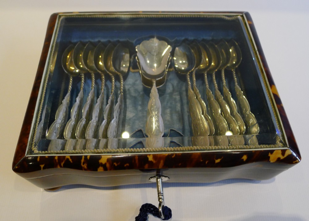 antique dutch tortoiseshell spoon box with silver spoons