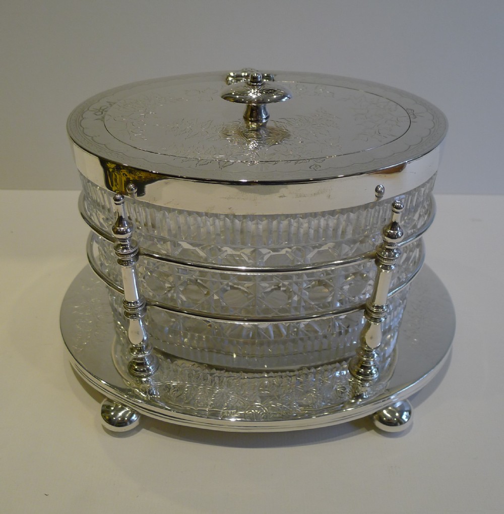 grand large antique english cut crystal silver plate biscuit box c1880 ferns
