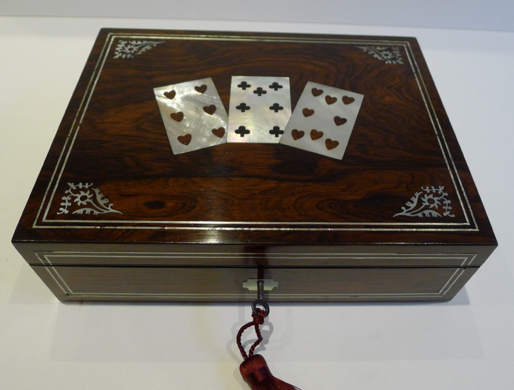 antique english mother of pearl inlaid games box with period cards c1840