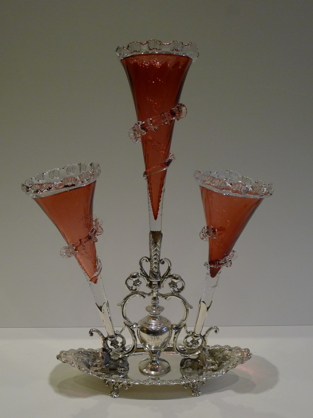 outstanding antique english silver plate cranberry glass epergne c1880