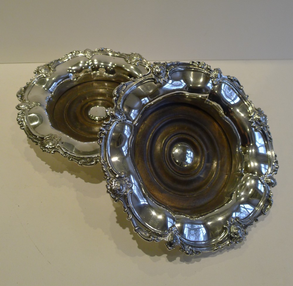 magnificent pair antique english silver plated wine coasters c1880