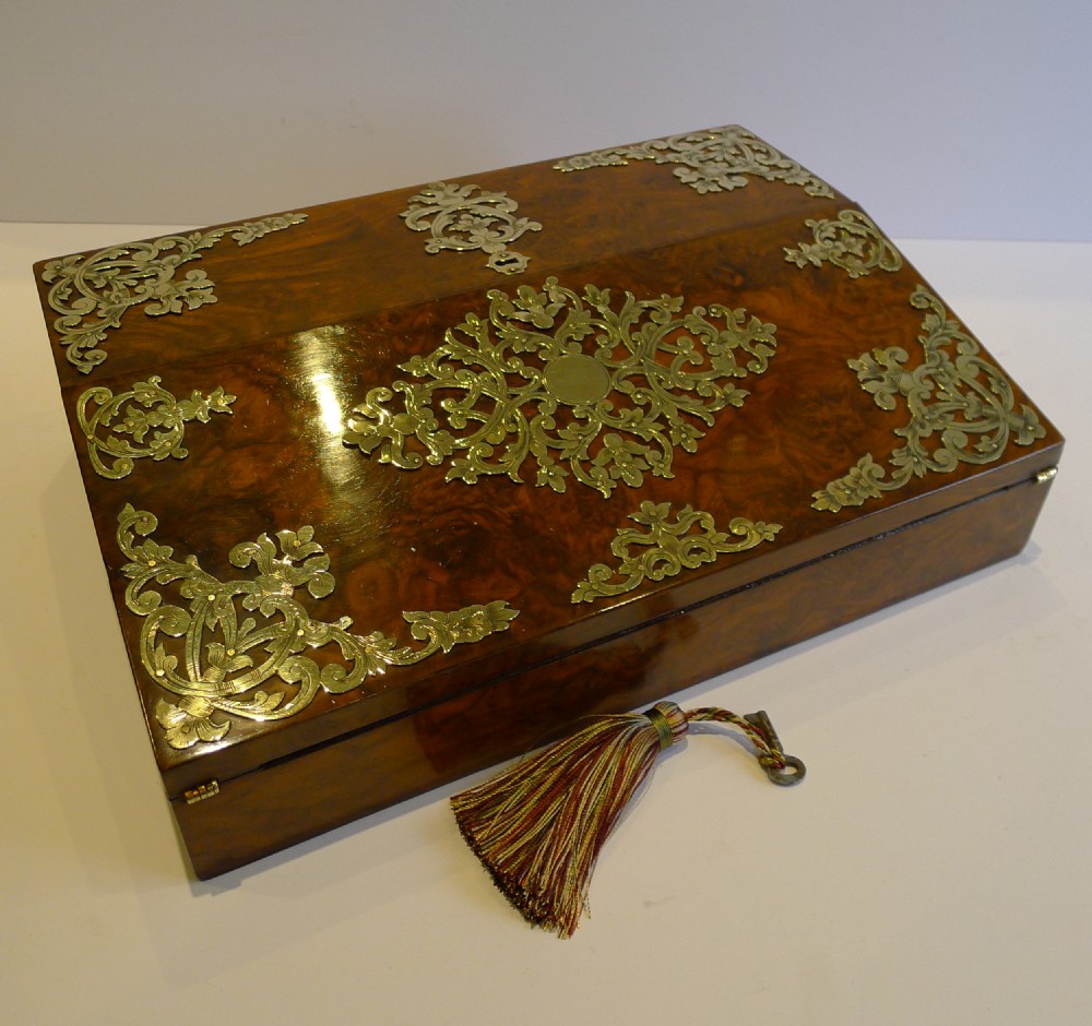 fabulous antique english brass mounted burr walnut lap desk writing box c1850