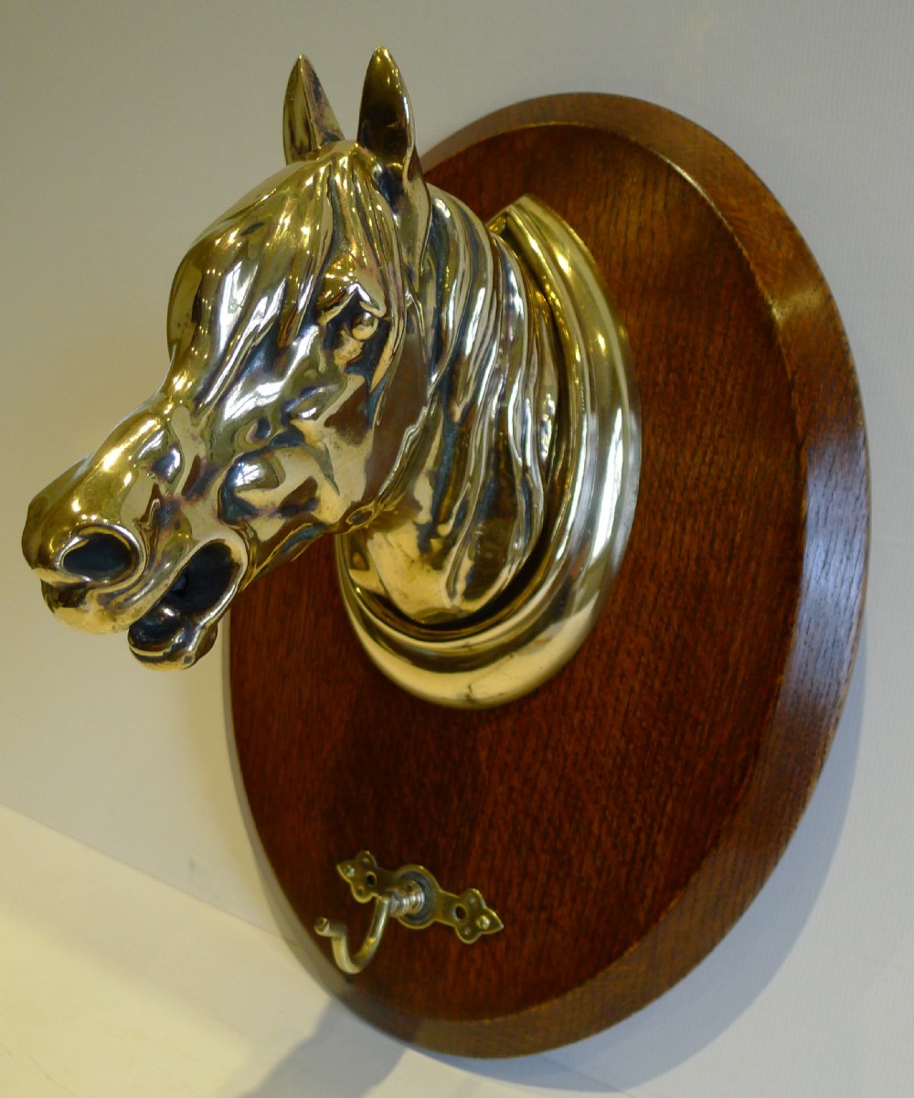 Antique English Oak & Brass Equestrian Crop Hook - Horse's Head C.1890, 263795