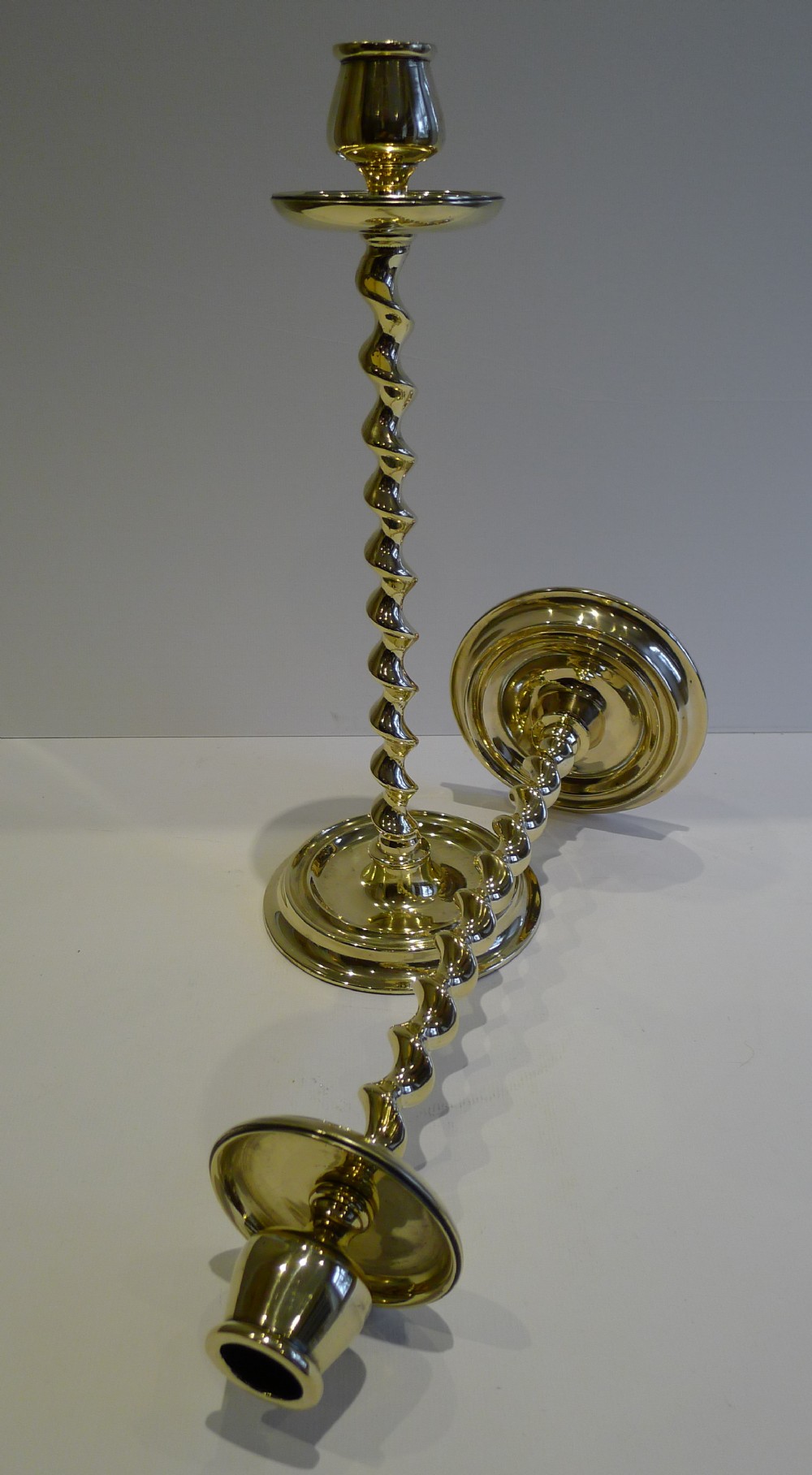 unusual pair antique english brass twist candlesticks c1890