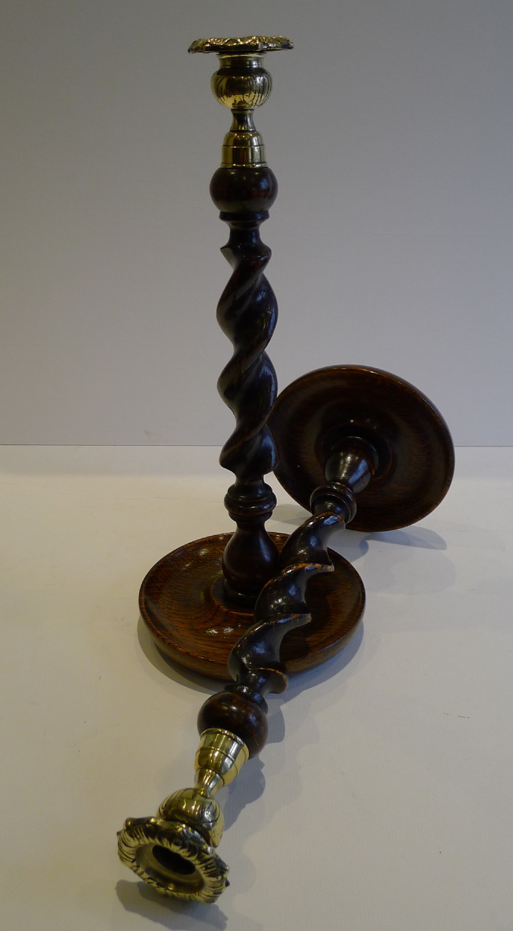 towering antique english oak brass barley twist candlesticks c1900 13 12