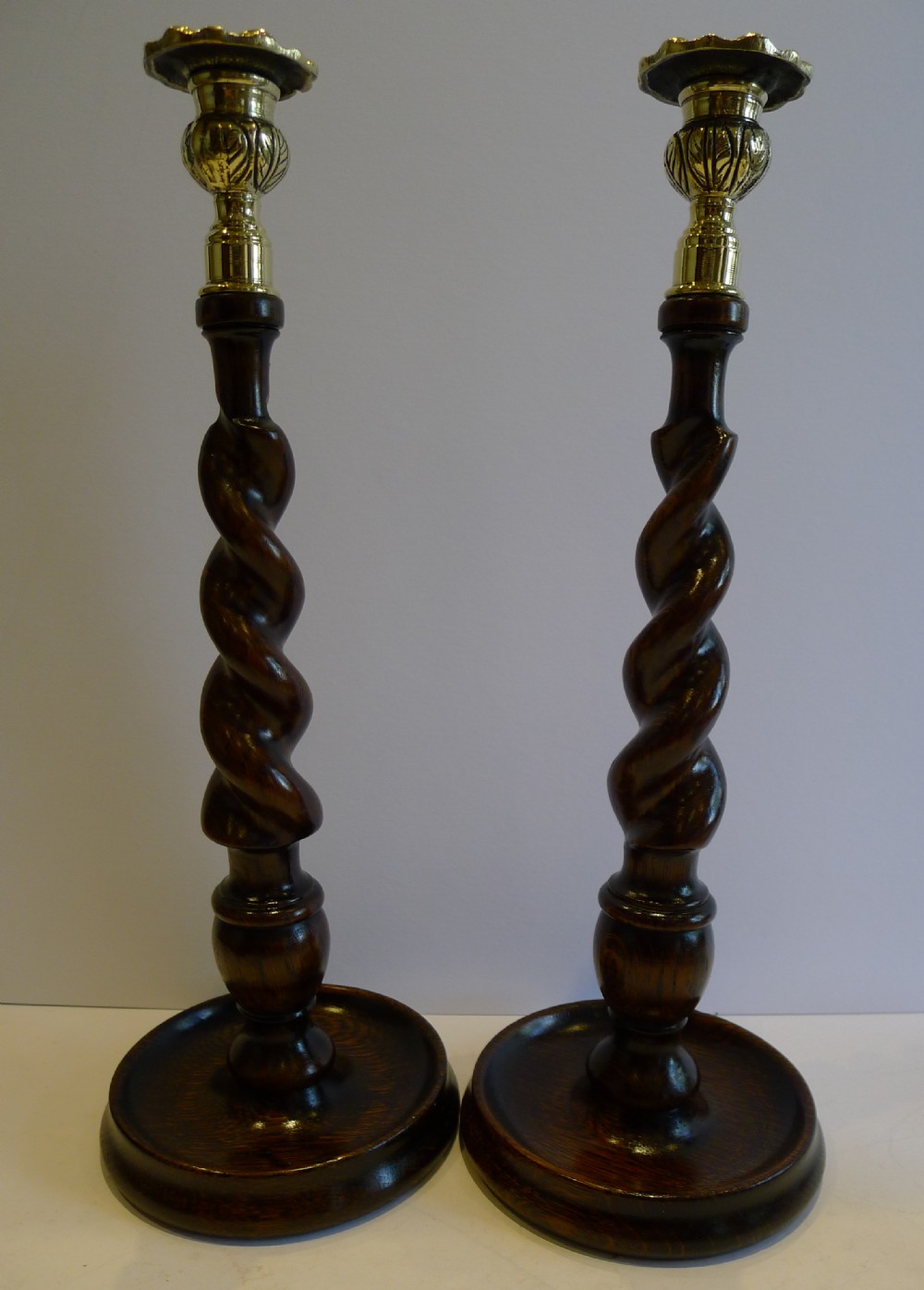 towering antique english oak brass barley twist candlesticks c1900 14