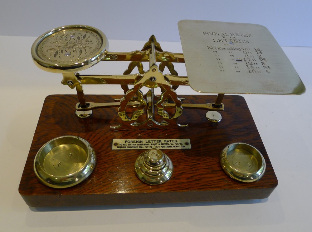 Antique Edwardian Brass and Oak Postal Scales for Letters 