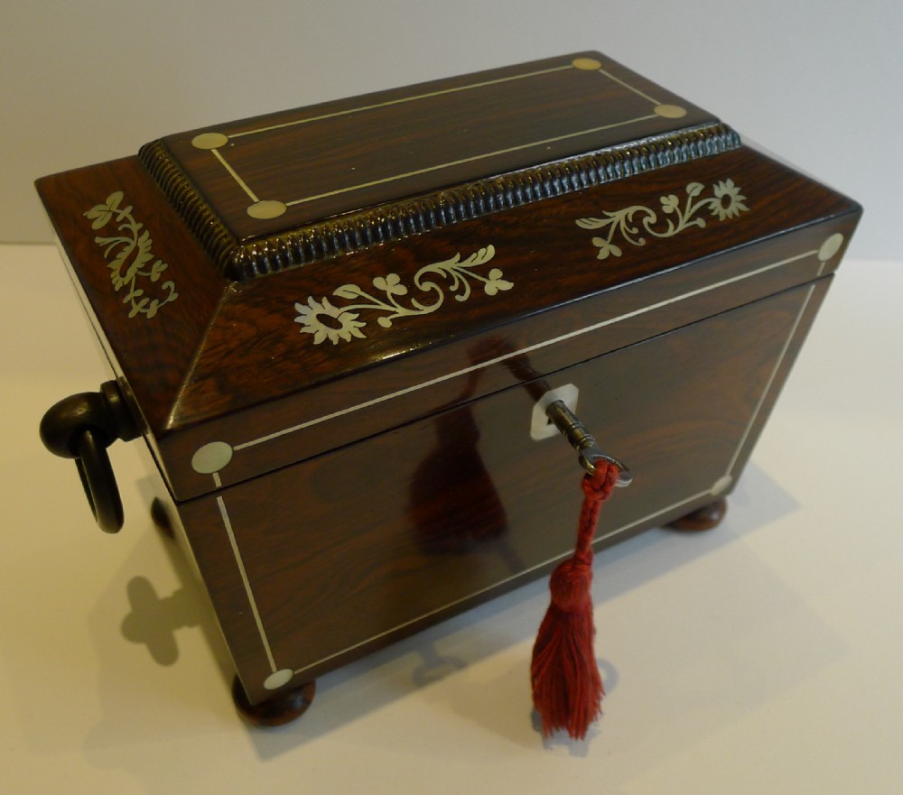 english william iv rosewood tea caddy mother of pearl inlay c1830