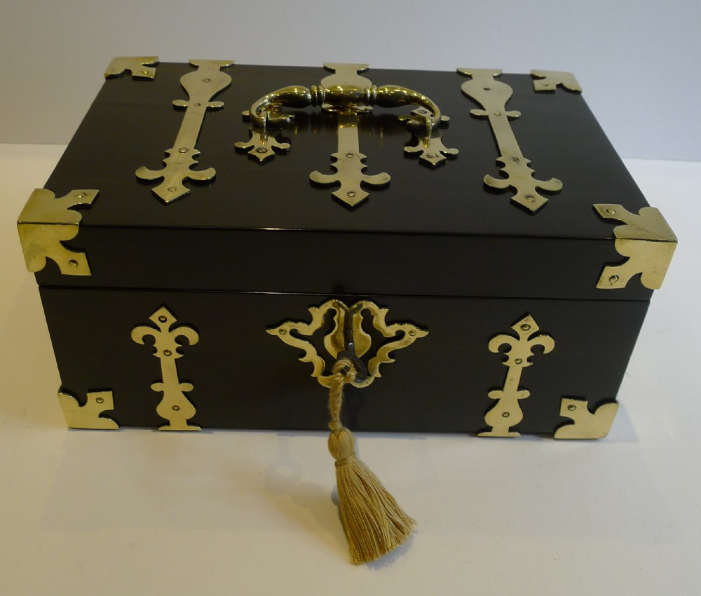 antique english macassar ebony jewelry box brass mounted chest c1850