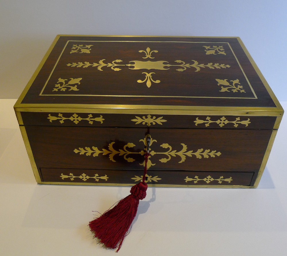 grand antique english cut brass inlaid rosewood jewellery desk box c1820