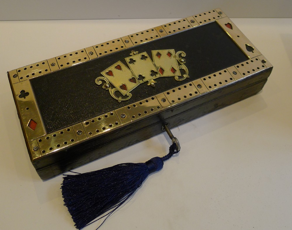 english victorian leather brass card box cribbage board c1880