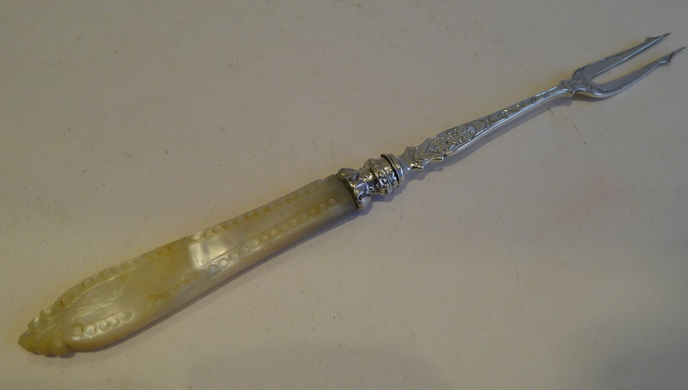 antique english sterling silver mother of pearl pickle fork by george unite