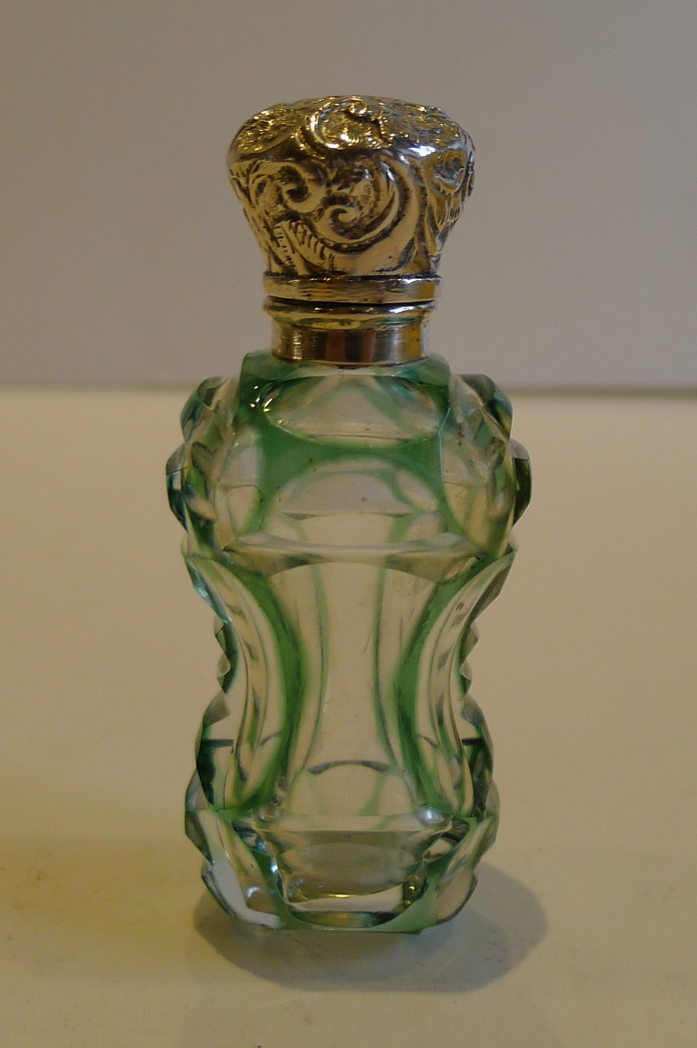 antique english green overlay glass perfume bottle sterling silver c1890