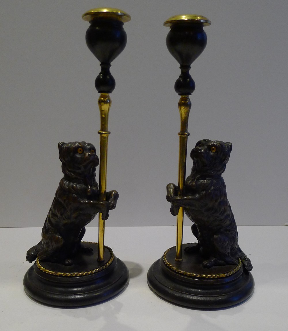 pair antique french figural candlesticks bronze dogs with glass eyes c1870