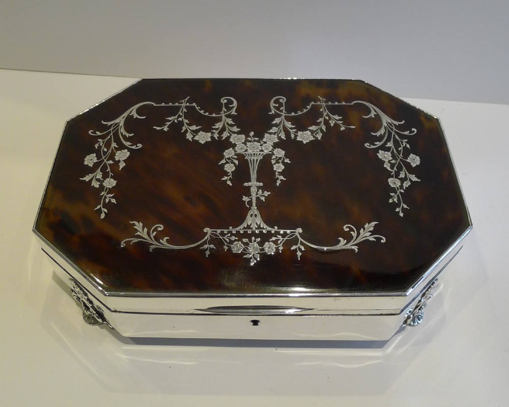 finest large antique silver tortoiseshell jewellery box pique inlay