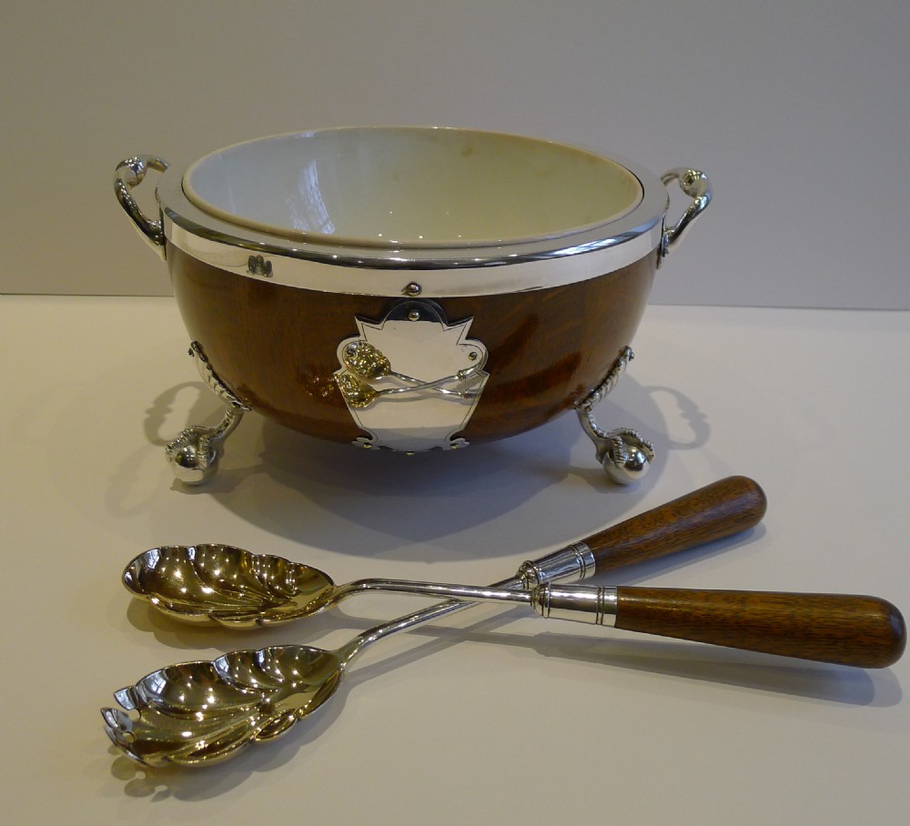 antique english oak silver plate salad bowl servers c1900 by daniel arter