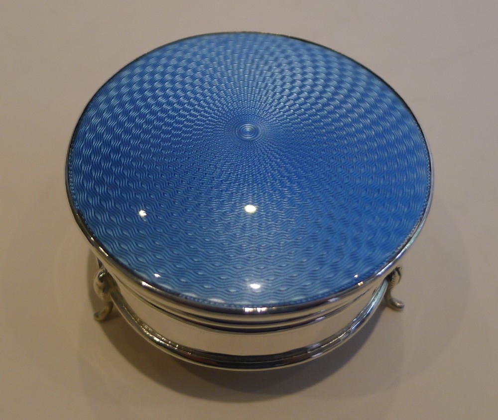 english sterling silver blue guilloche enamel jewellery box 1925
