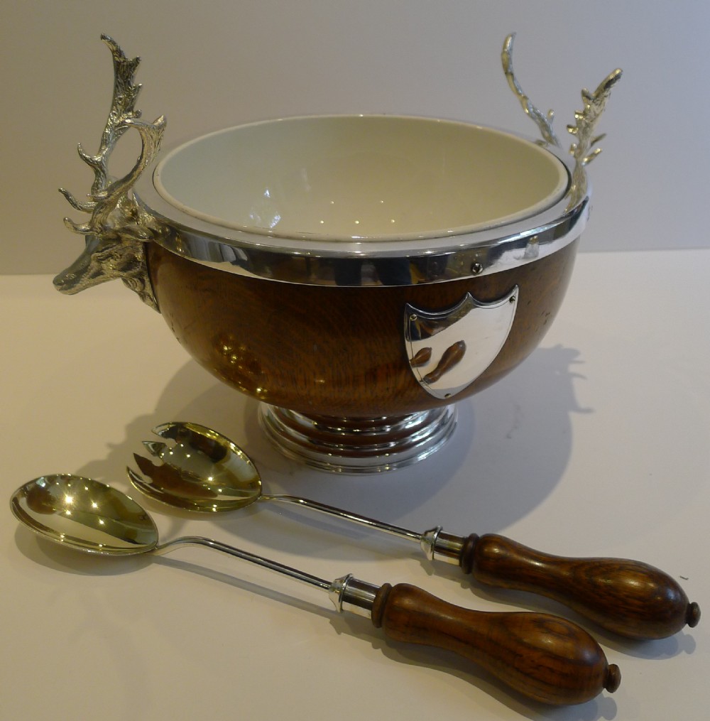 magnificent stag handled oak silver plated salad bowl and servers by daniel arter c1890