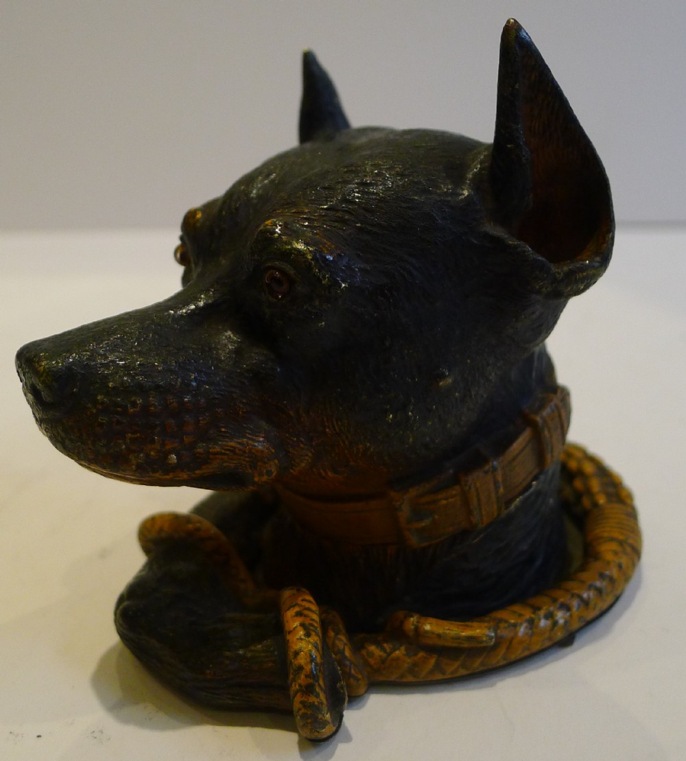 rare viennese cold painted bronze doberman inkwell c1890 dog