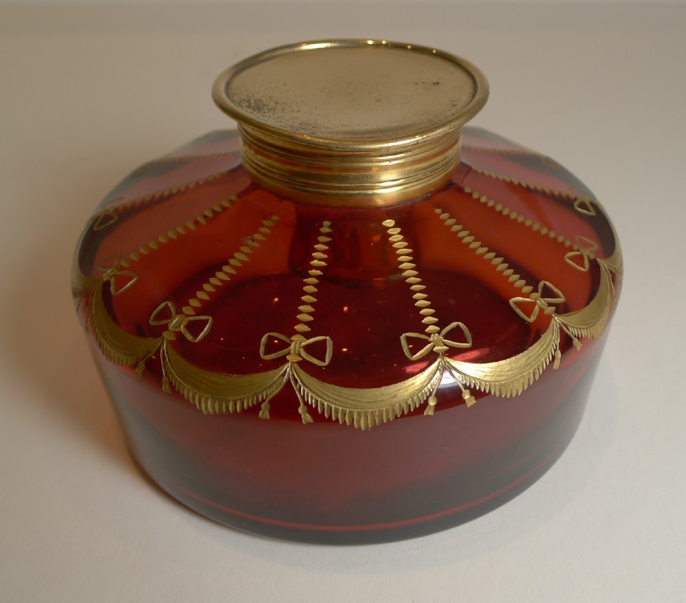 large grand antique ruby red cranberry glass inkwell c1890