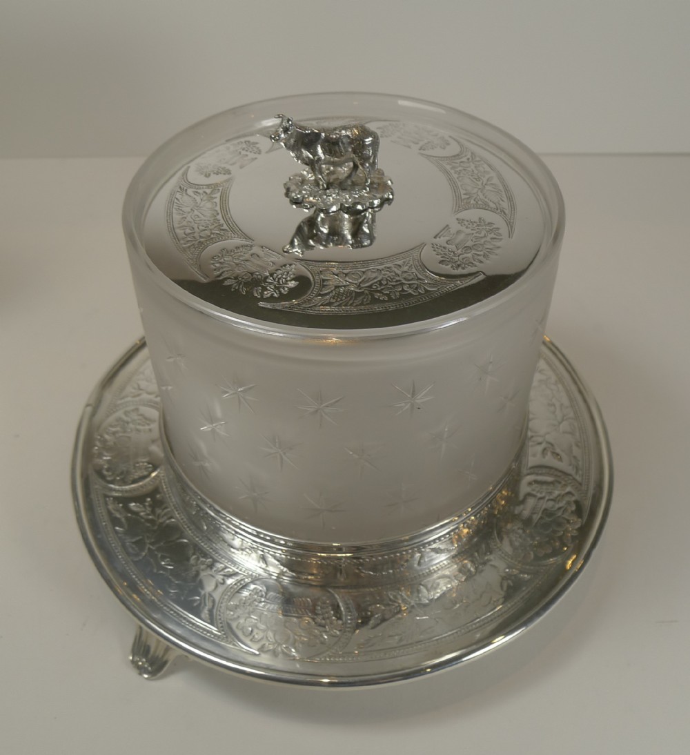 antique english glass and silver plated biscuit box figural lid