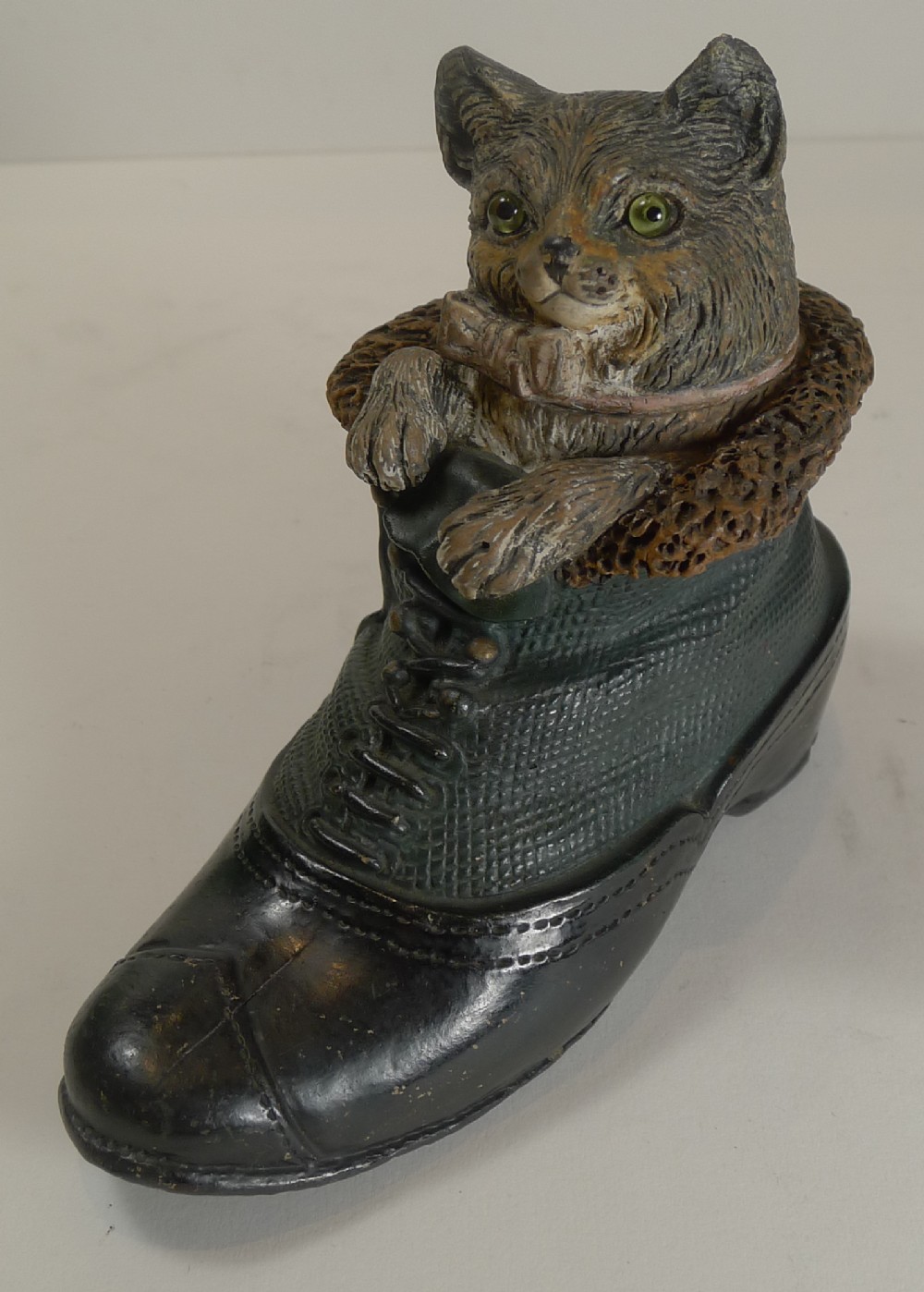 fabulous antique english painted terracotta figural inkwell cat in boot c1890