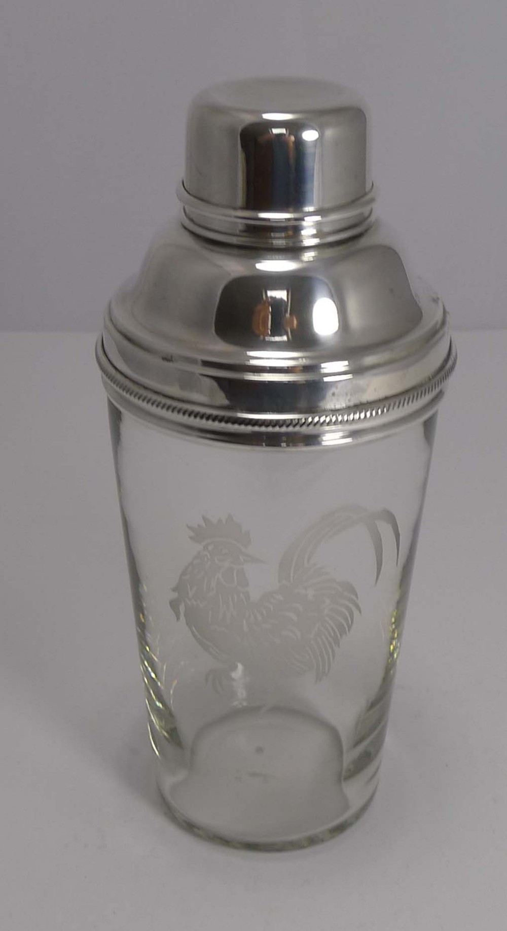 vintage english glass and sivler plate cocktail shaker rooster by james dixon c1930