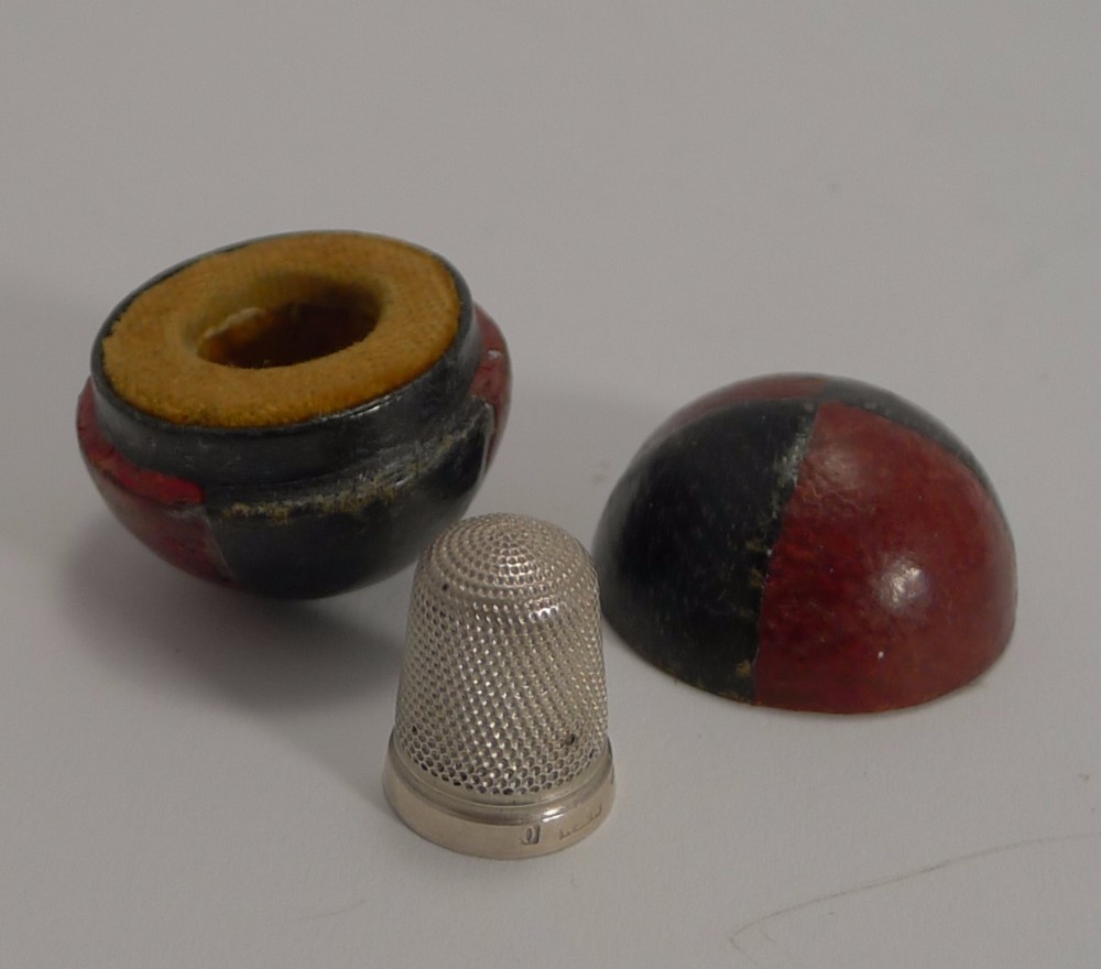 antique english novelty thimble case soccer ball sterling thimble 1895