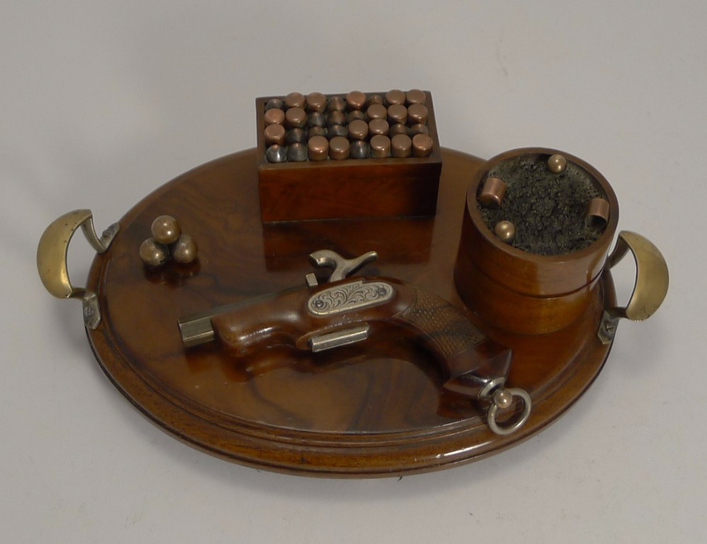 rare antique walnut desk set gun theme c1890