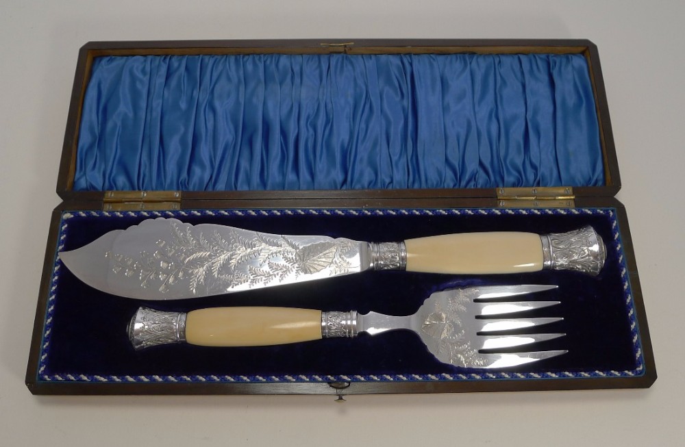 mint condition oak cased ivory and silver fish servers 1881
