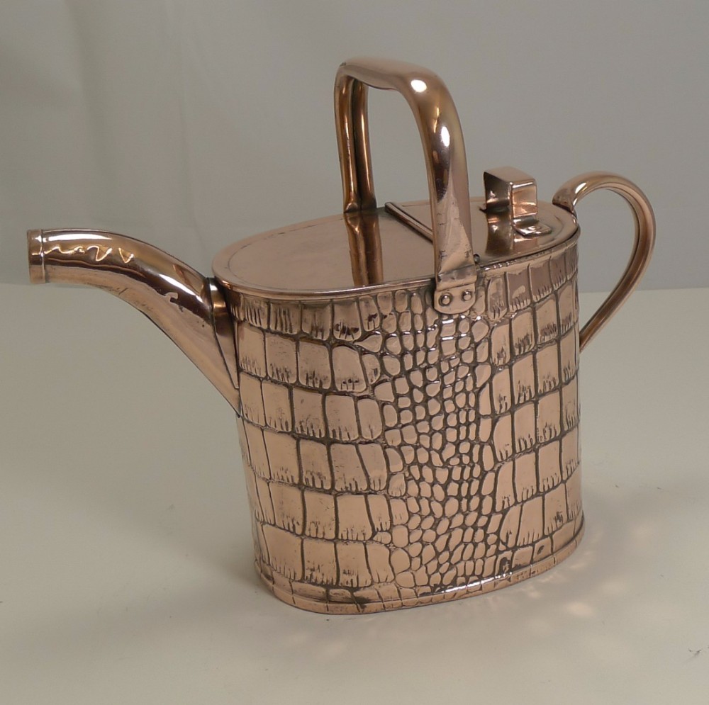 antique english copper watering can by joseph sankey c1901 crocodile embossed