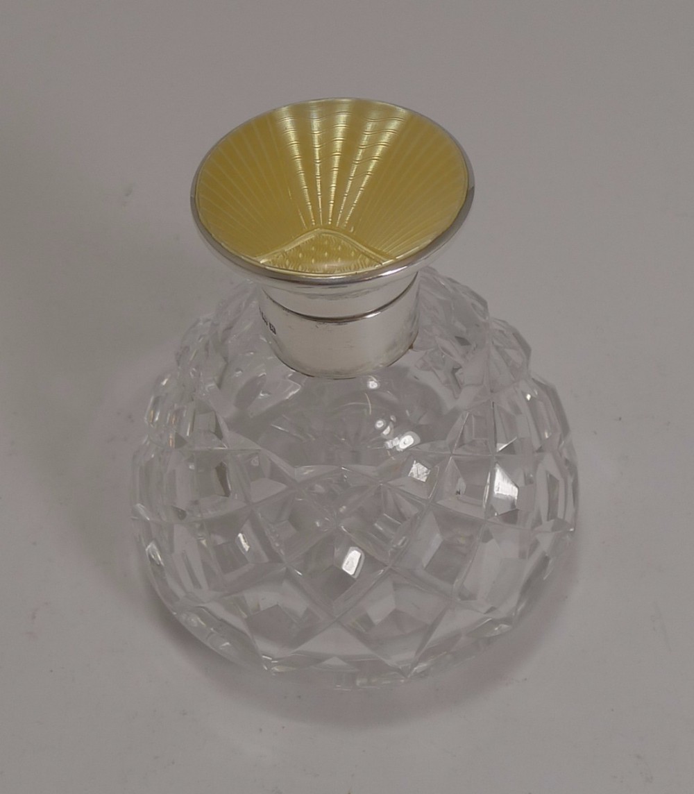 art deco cut crystal perfume bottle sterling silver and guilloche enamel top