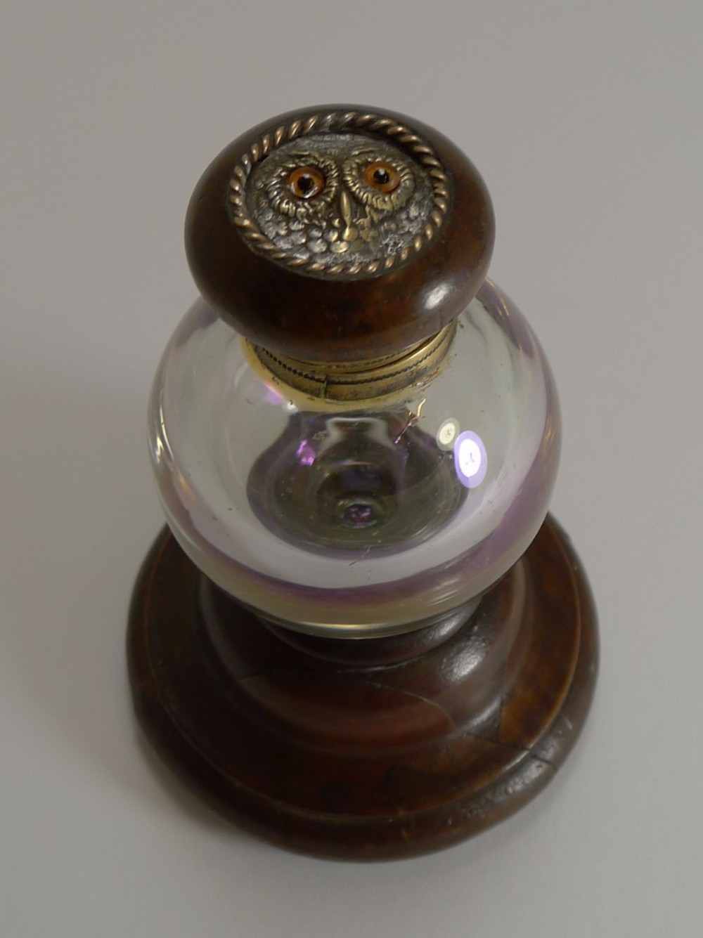 handsome antique iridescent glass and mahogany inkwell owl with glass eyes