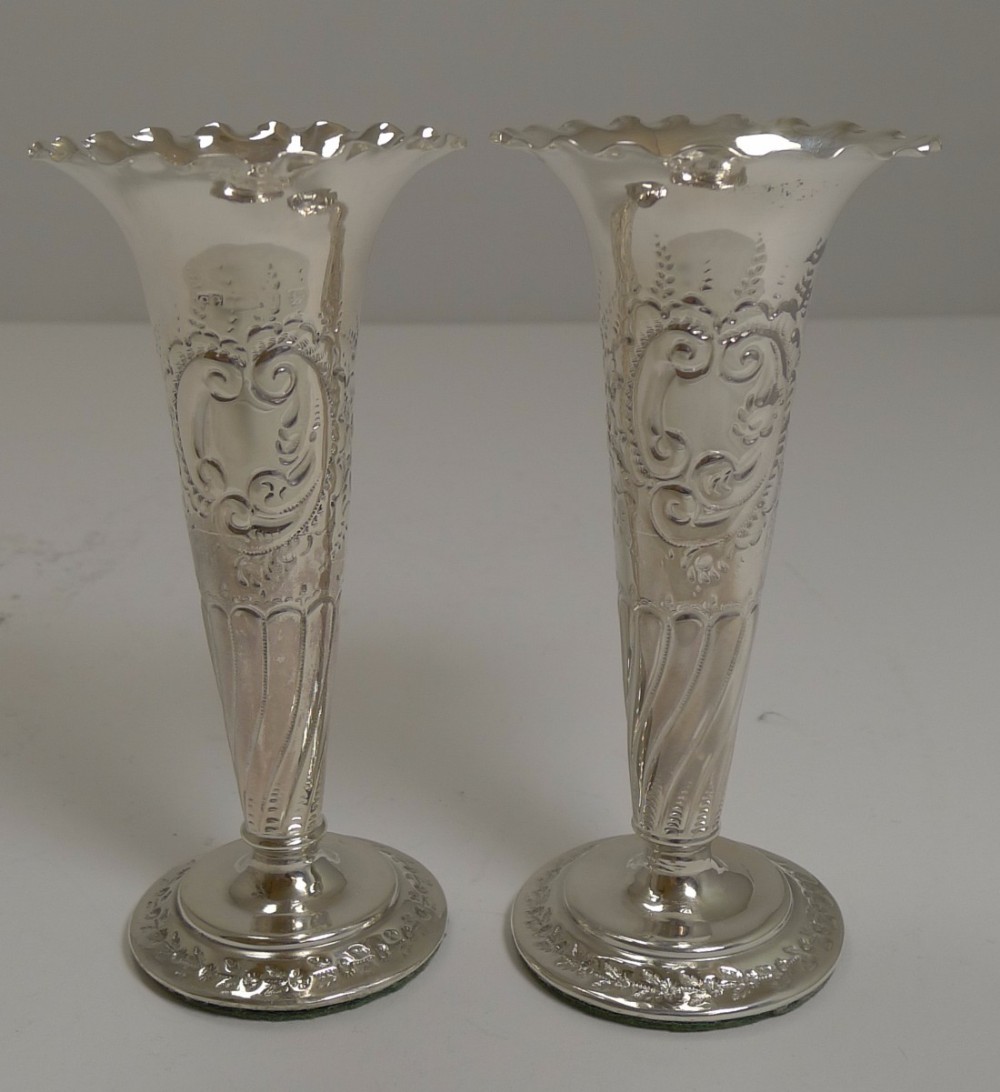 Pair Antique English Silver Posy Vases Birmingham 1898 By Colen