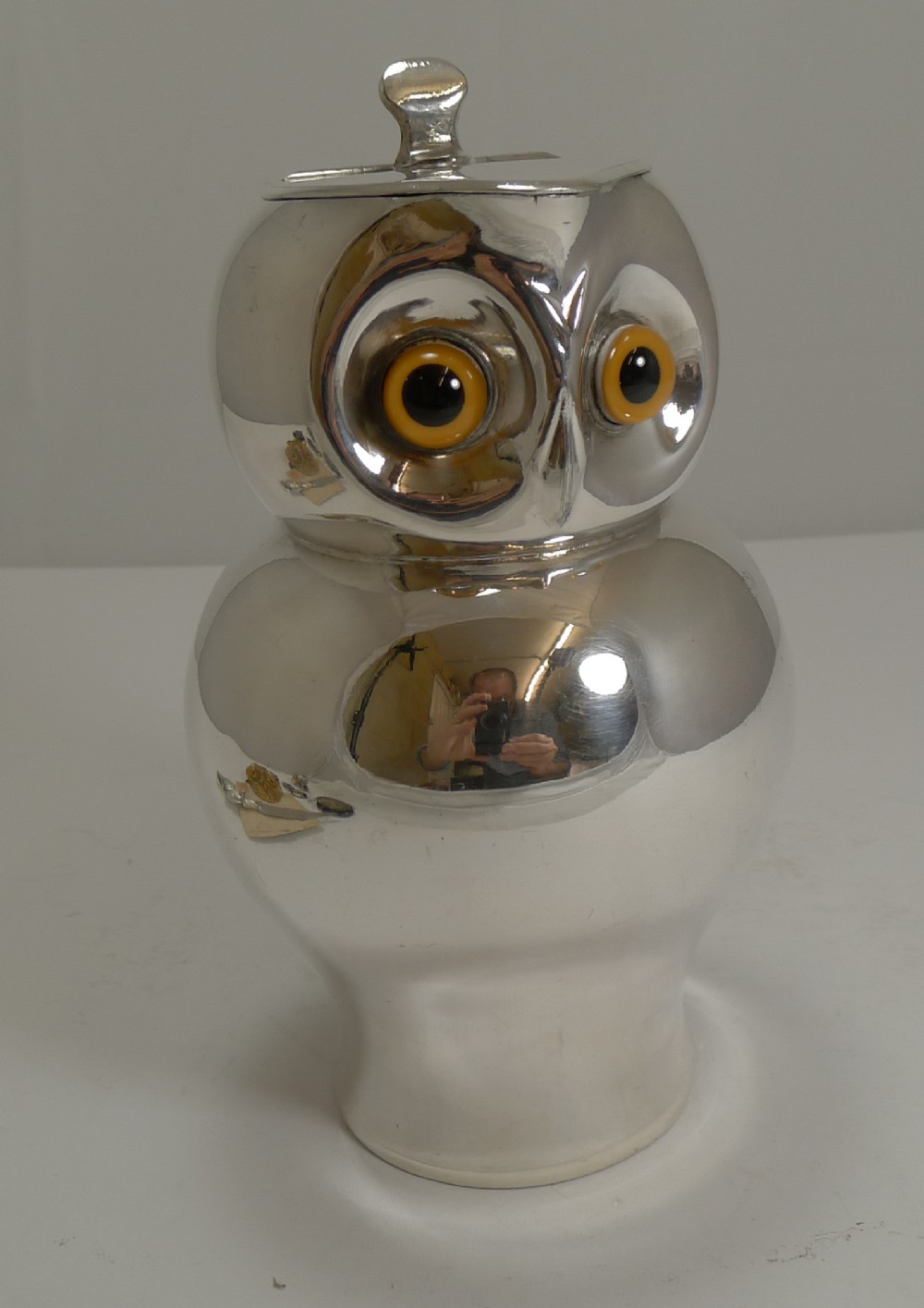 rare antique english novelty silver plated jug owl with glass eyes c1910