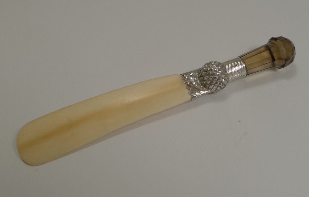 antique ivory silver and smoky quartz paper knife