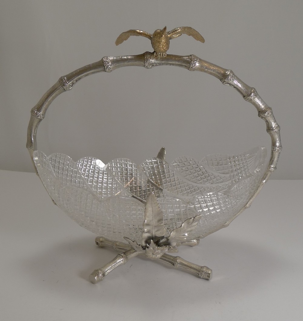 finest quality english cut crystal and silver plate dish basket c1880