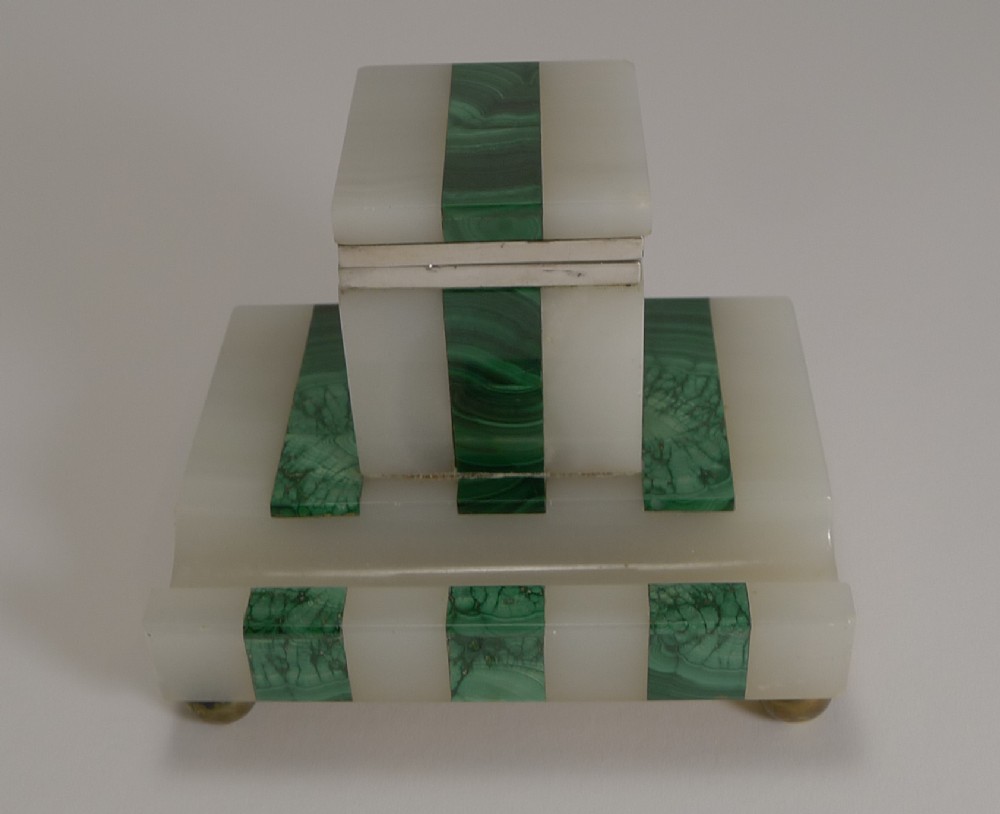 art deco onyx malachite and sterling silver inkwell by john griffith sons