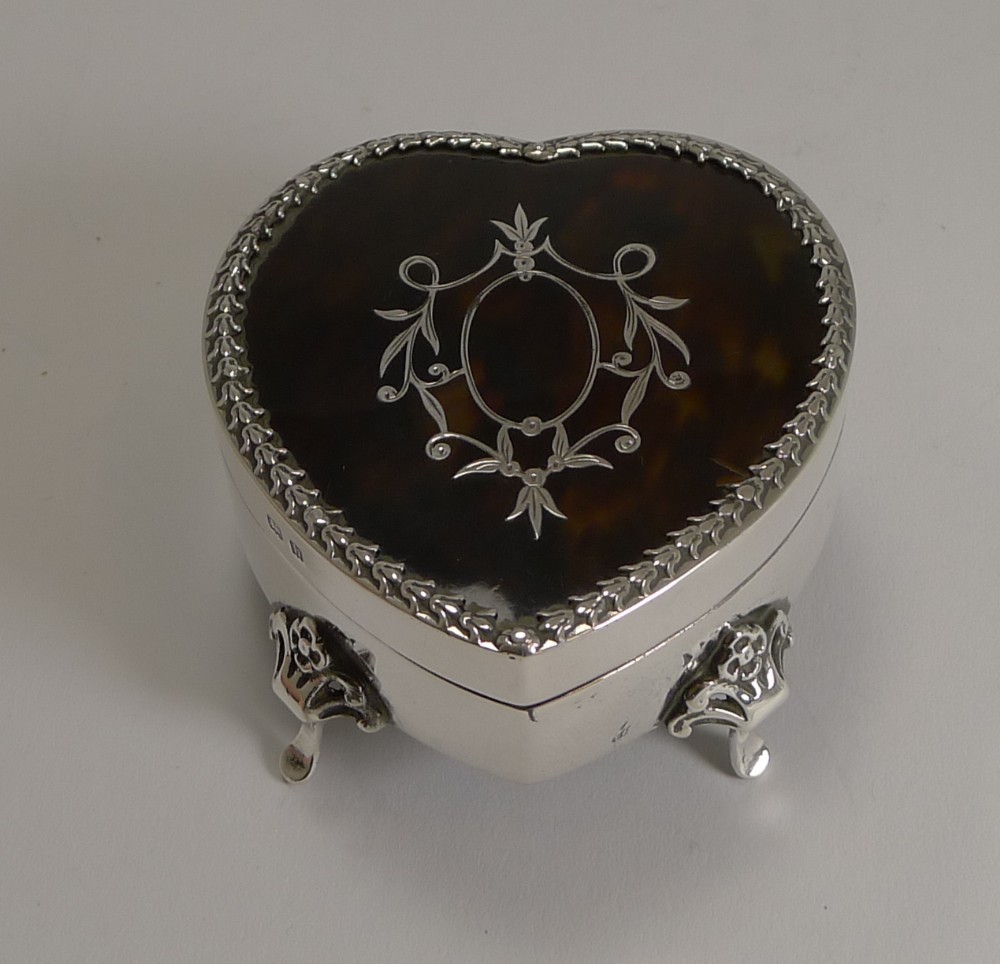 antique english silver and tortoiseshell heart jewellery ring box