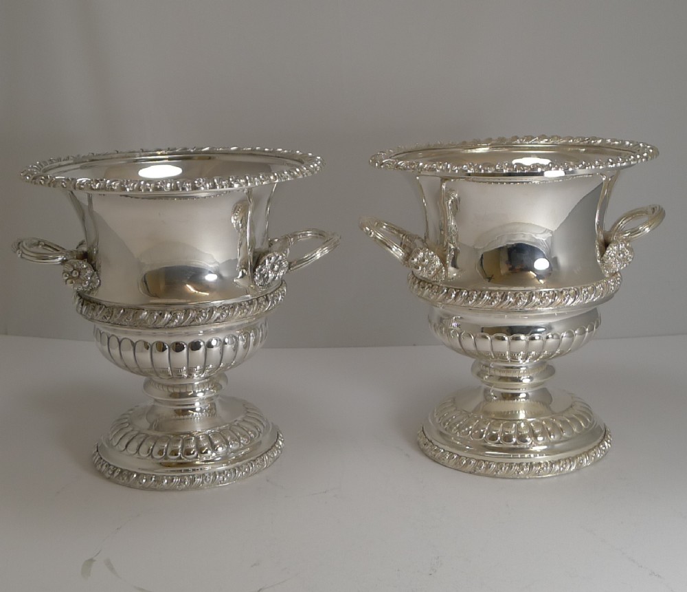 pair antique english silver plated wine or champagne coolers c1900