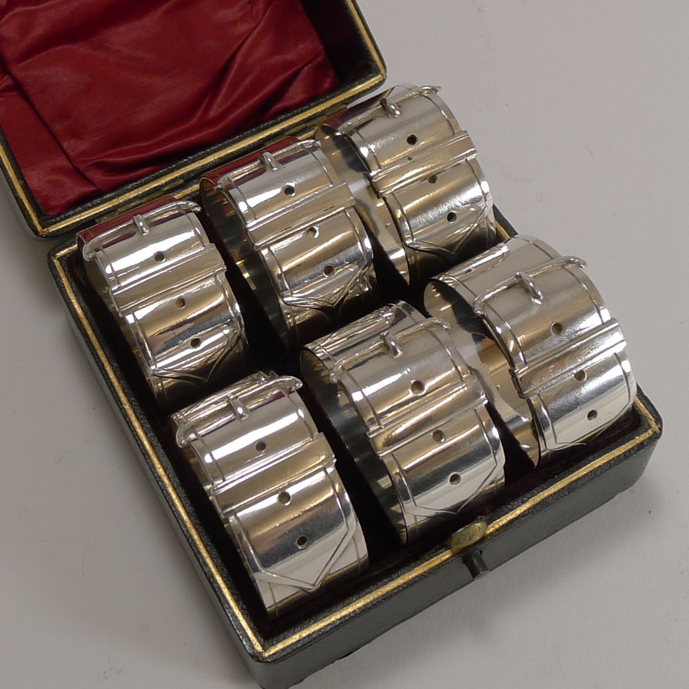 six victorian belt buckle napkin rings c1890 silver plate