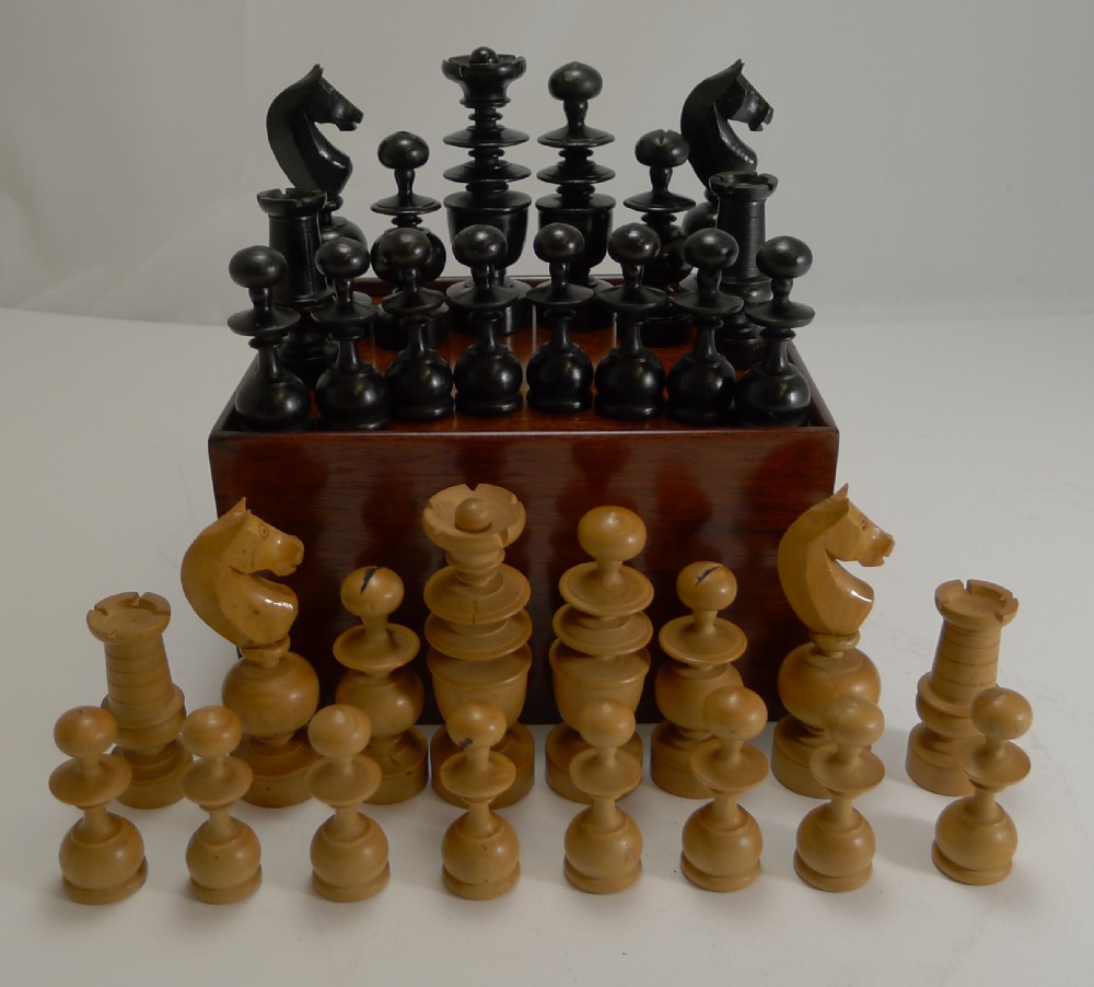 large antique english regency style chess set in wooden case c1900