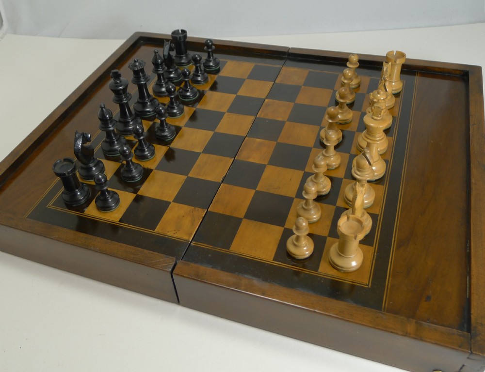antique english folding chess games box with chess set c1910