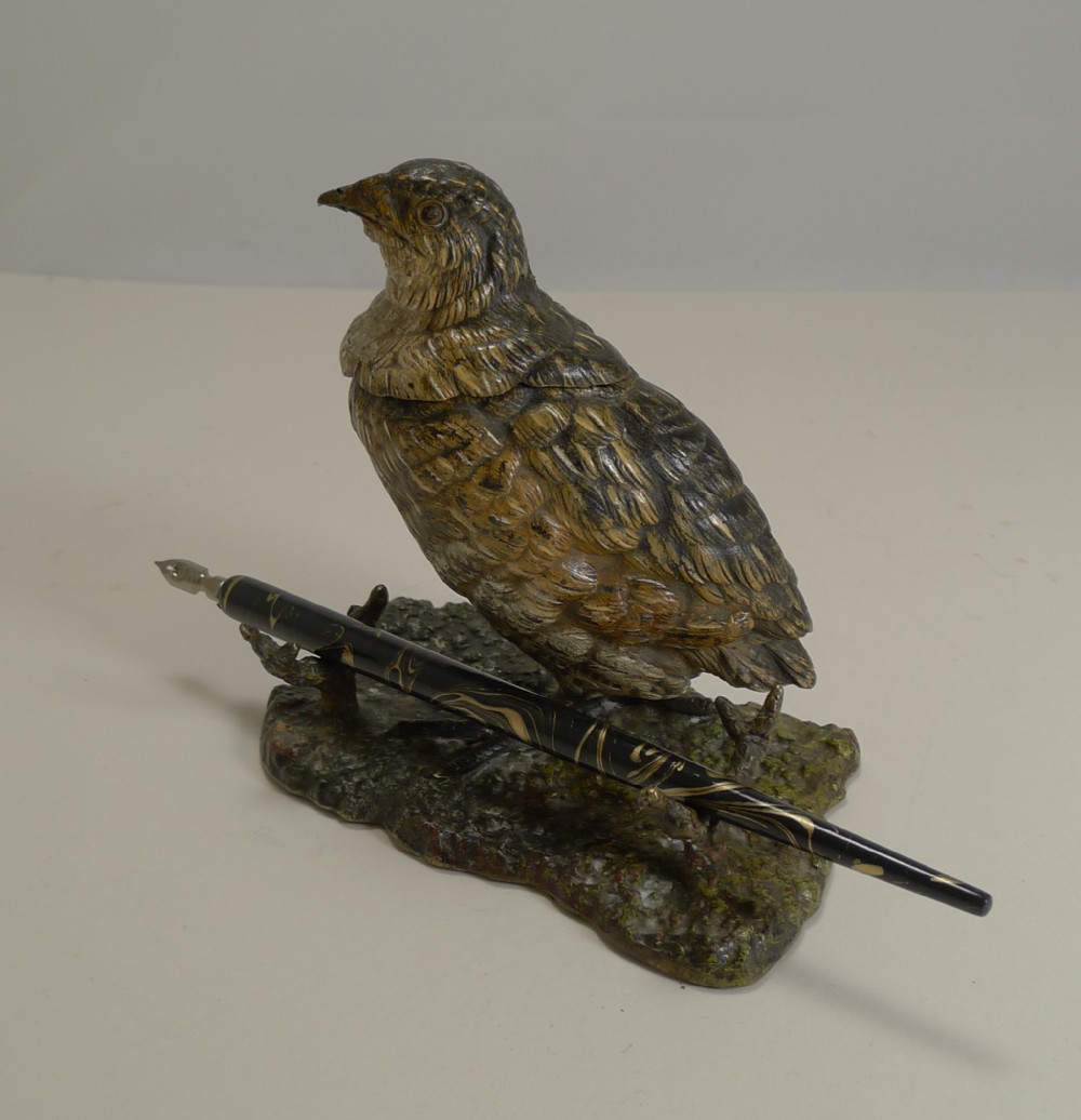 antique cold painted bronze game bird inkwell c1900