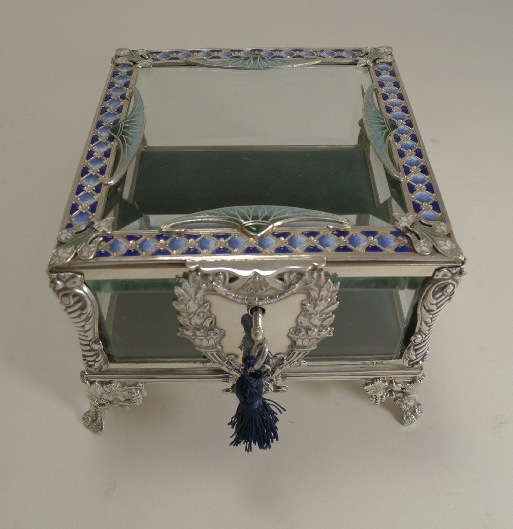 french art nouveau silver plate and enamel jewellery box c1900