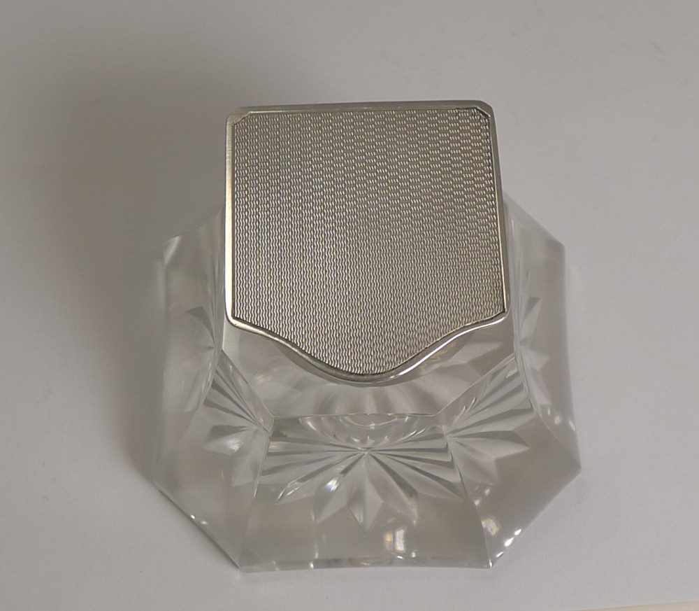 handsome art deco cut glass and english sterling silver inkwell